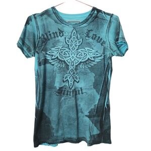 SINFUL Teal Grunge Cross Graphic Baby Tee Goth Y2K Emo Size M‎